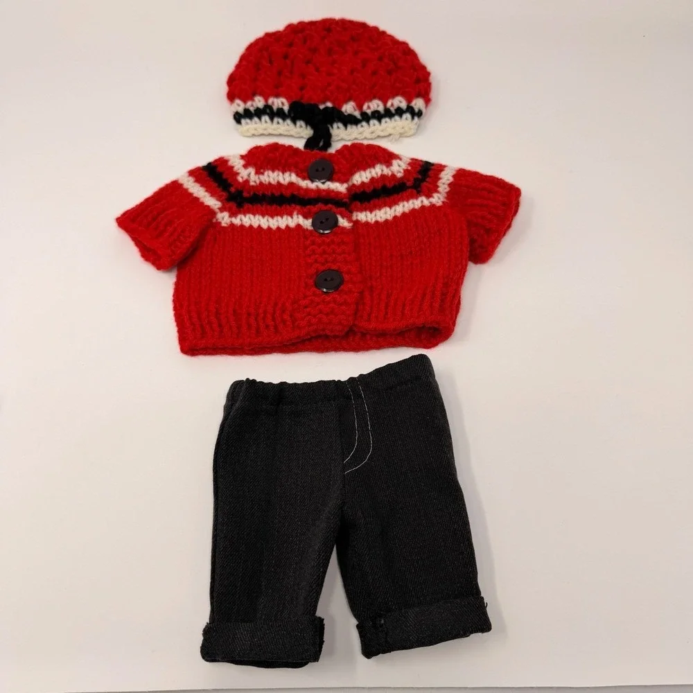 Hand-Knit Doll Outfit: Red Sweater, Beanie, Denim Pants Fits 18